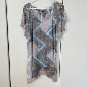 Brittany Black 3XL Sheer Top with Blue and Brown Pattern